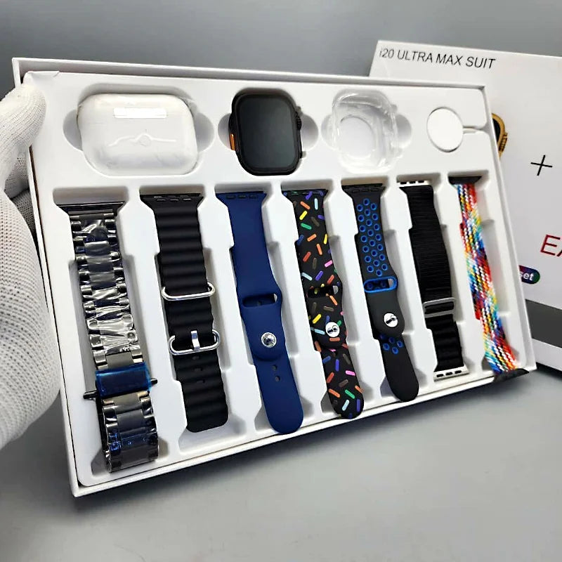I20 Ultra Max Suit 10-in-1 Smartwatch Bundle | 2.3” HD Display, Bluetooth Calling & Earbuds