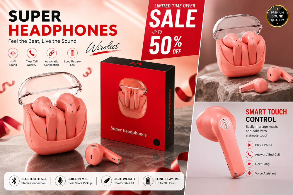 LA Super Headphones Wireless Bluetooth Earbuds with Charging Case | Hi-Fi Sound | Touch Control | Long Battery Life