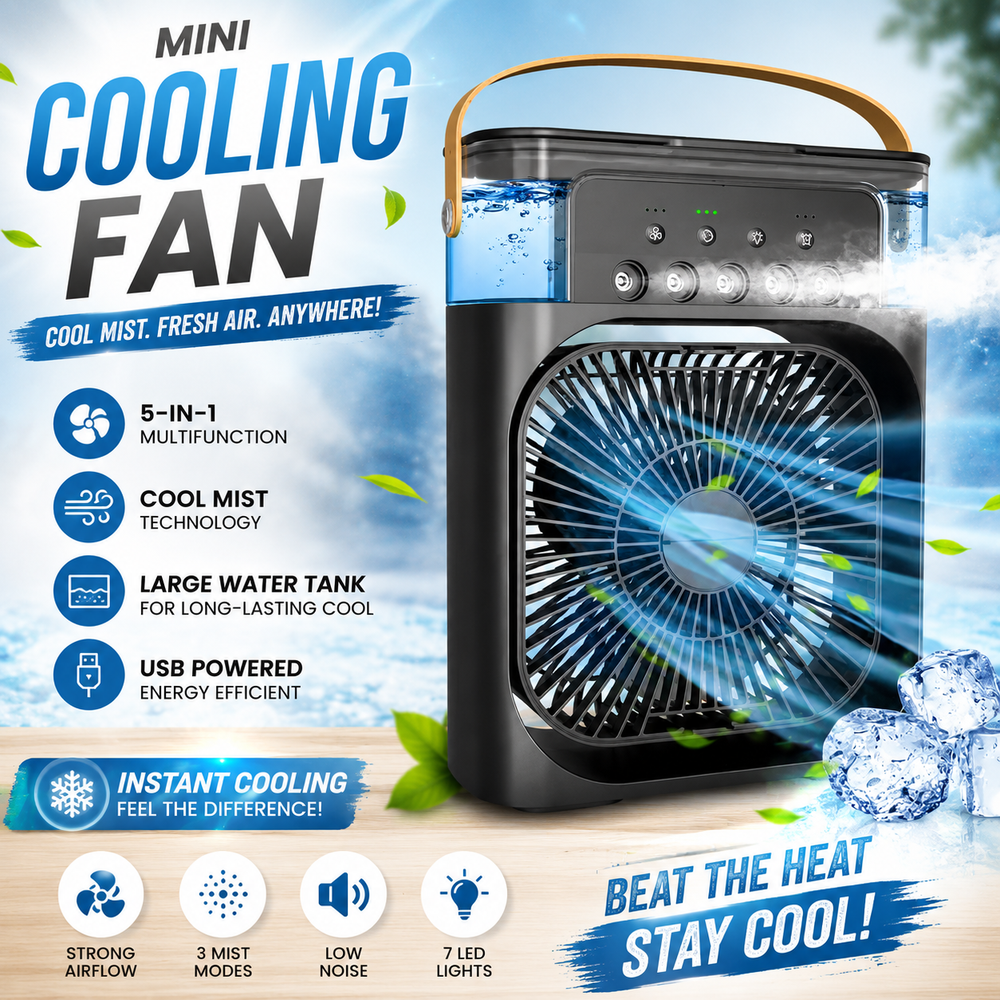 Mini Cooling Fan with Water Mist | Portable USB Air Cooler | 3 Mist Modes | Quiet Cooling Fan