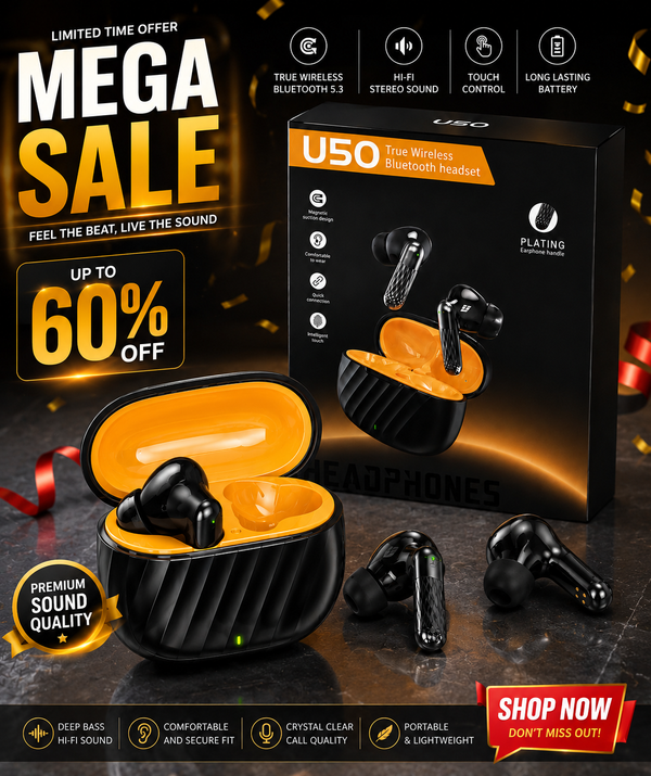 U50 True Wireless Bluetooth Earbuds with Charging Case | Hi-Fi Stereo Sound | Smart Touch Control | Premium TWS Headset