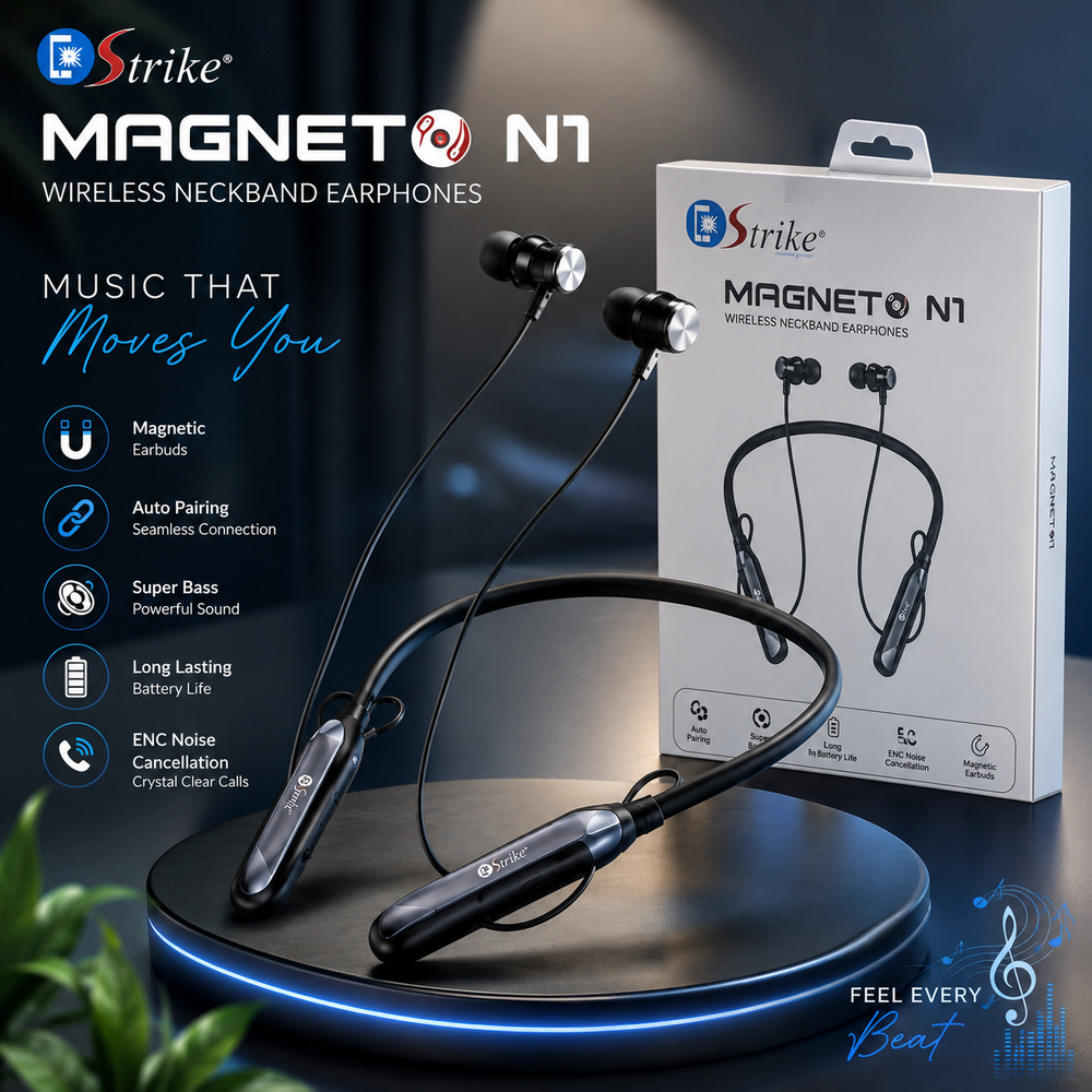 Strike Magnet N1 Wireless Neckband Earphones | ENC Noise Cancellation | 500H Standby | Magnetic Bluetooth Earphones