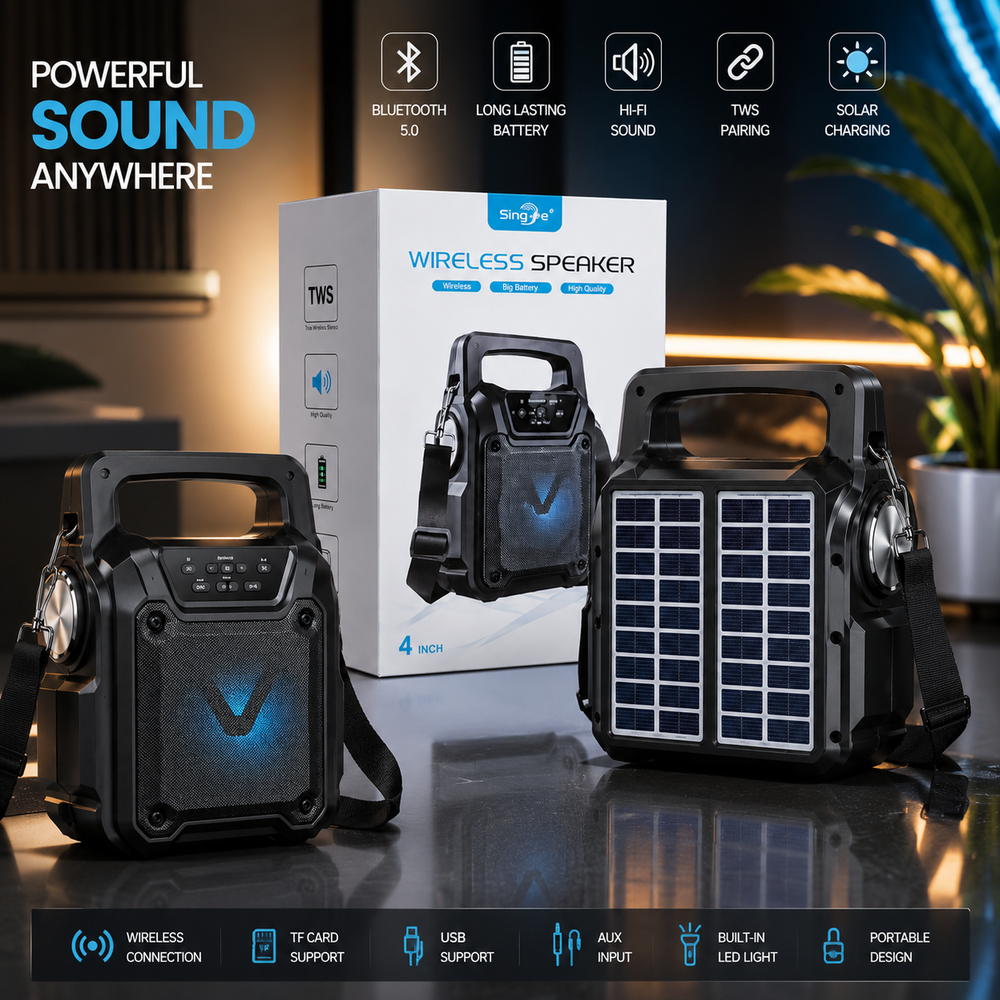 Portable Solar Wireless Bluetooth Speaker with LED Light, FM Radio & USB Rechargeable Outdoor Speaker