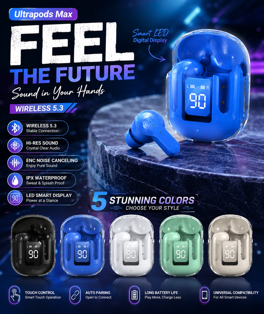 Ultrapods Max Wireless 5.3 Earbuds with LED Display, Hi-Res Sound & ENC Noise Cancelling