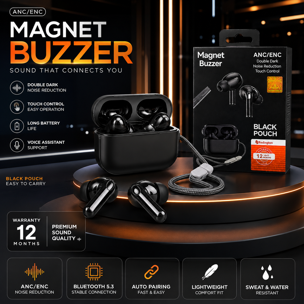Magnet Buzzer ANC/ENC Wireless Earbuds with Black Pouch – Bluetooth 5.3 Touch Control & Noise Reduction