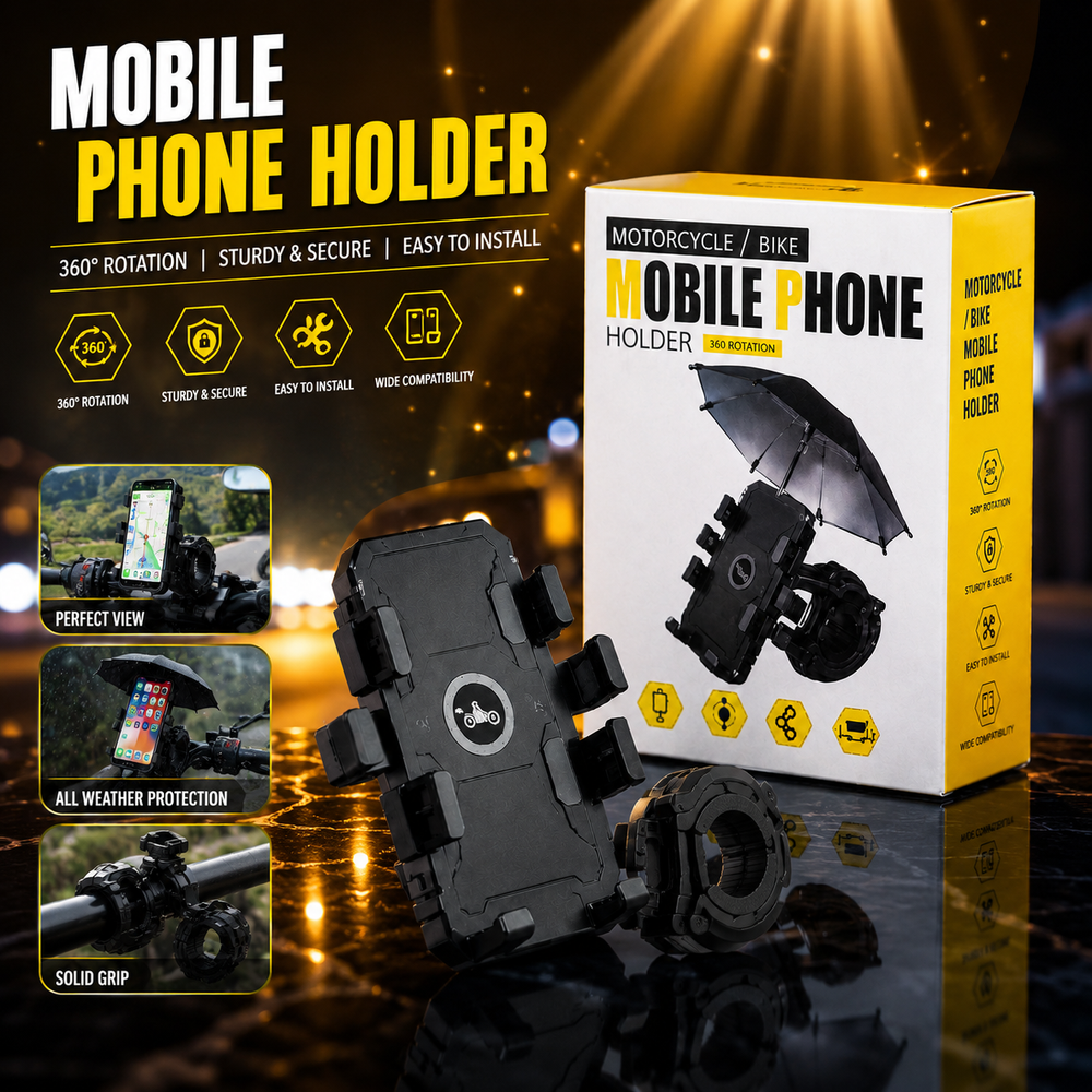 360° Motorcycle & Bike Mobile Phone Holder with Rain Umbrella | Universal Handlebar Phone Mount