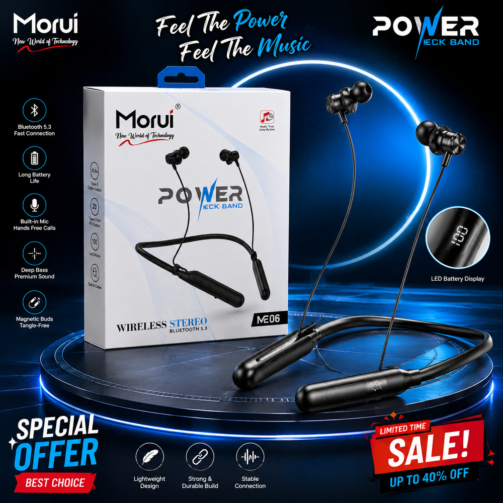 Morui M06 Power Neckband Wireless Bluetooth 5.3 Earphones with Deep Bass