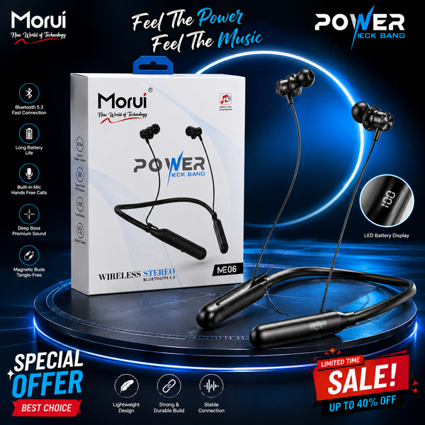 Morui M06 Power Neckband Wireless Bluetooth 5.3 Earphones with Deep Bass