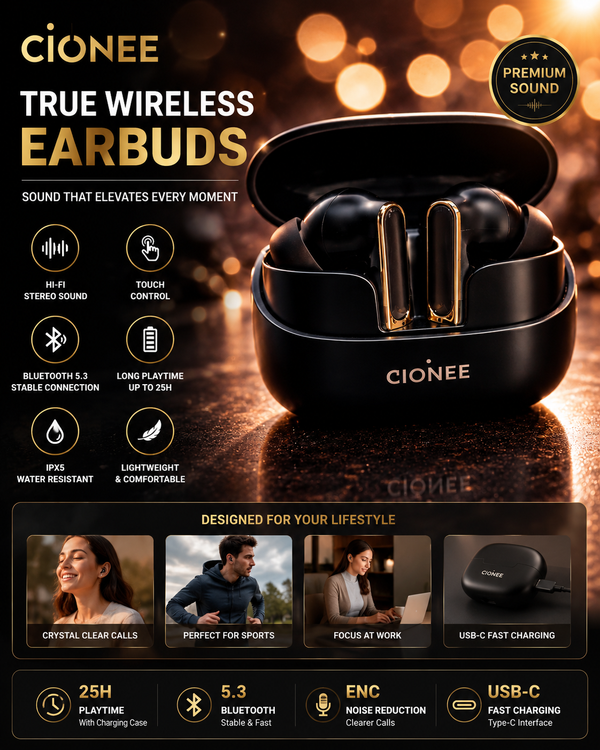 GIONEE True Wireless Earbuds Bluetooth 5.3 – ENC Noise Reduction, Hi-Fi Stereo Sound, Touch Control, USB-C Fast Charging, IPX5 Waterproof