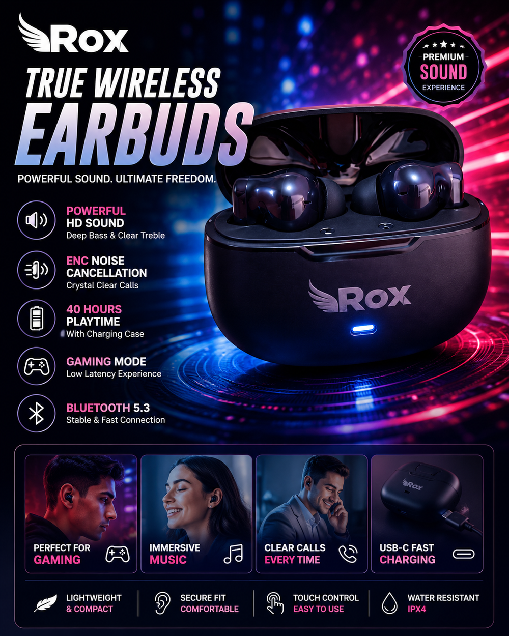 ROX True Wireless Earbuds Bluetooth 5.3 – ENC Noise Cancellation, Gaming Mode, HD Sound, 40H Playtime, USB-C Fast Charging