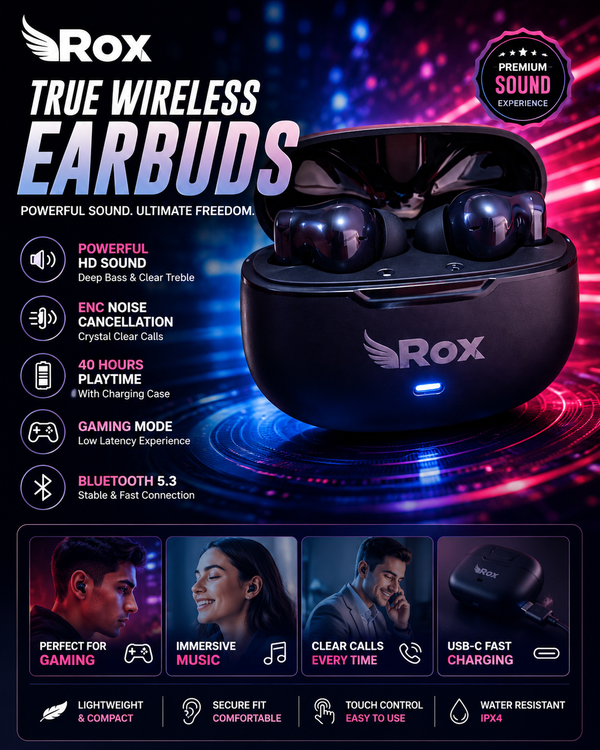 ROX True Wireless Earbuds Bluetooth 5.3 – ENC Noise Cancellation, Gaming Mode, HD Sound, 40H Playtime, USB-C Fast Charging