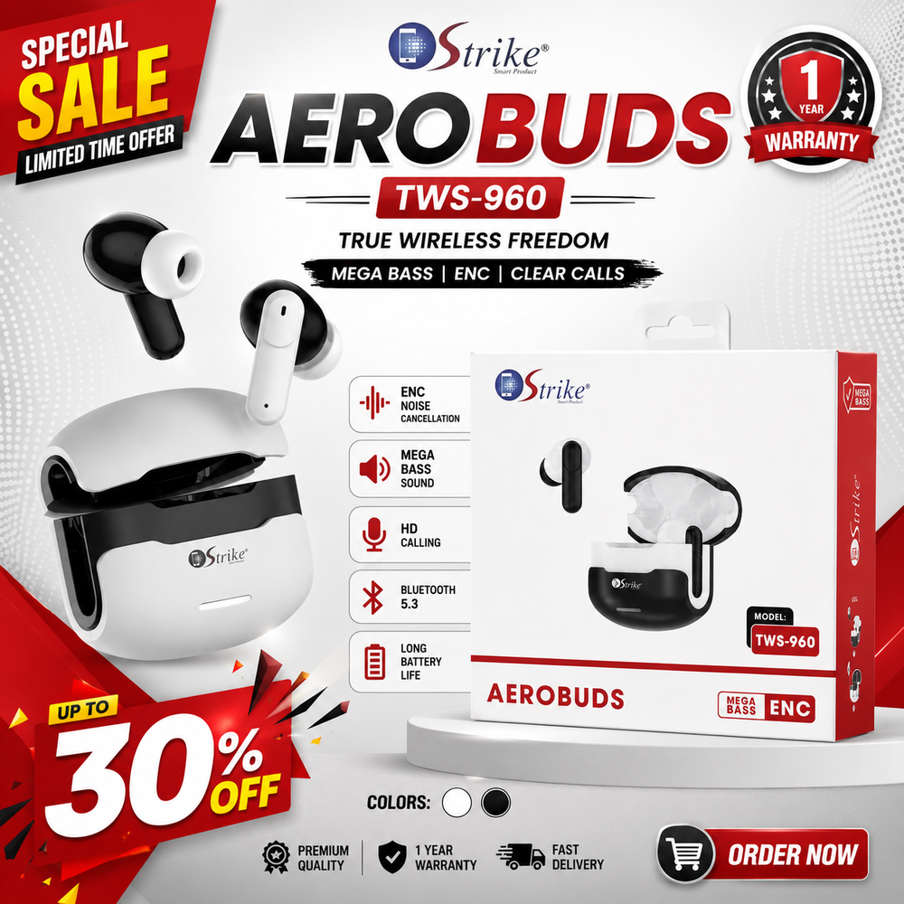 Strike Aerobuds TWS-960 ENC Wireless Earbuds | Bluetooth 5.3 Earphones with Mega Bass & HD Calling