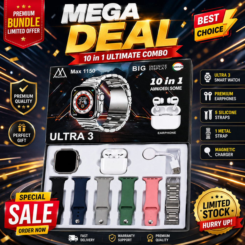 Ultra 3 Smart Watch 10-in-1 Combo with Wireless Earbuds, Multiple Straps & AMOLED Display – Max 1150 Series