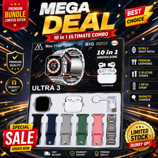 Ultra 3 Smart Watch 10-in-1 Combo with Wireless Earbuds, Multiple Straps & AMOLED Display – Max 1150 Series