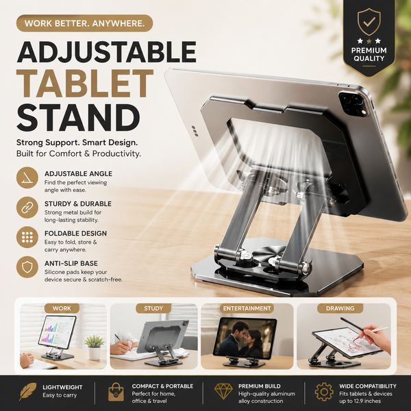 360° Rotating Metal Tablet & Mobile Stand – Foldable Adjustable Cooling Desk Holder