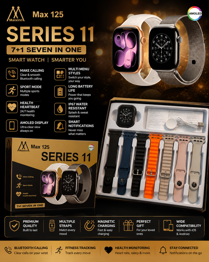 7 in 1 Ultra Smart Watch Series 11 – Bluetooth Calling, Fitness Tracker & Wireless Earbuds