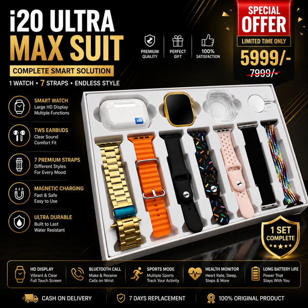 I20 Ultra Max Suit 10-in-1 Smartwatch Bundle | 2.3” HD Display, Bluetooth Calling & Earbuds