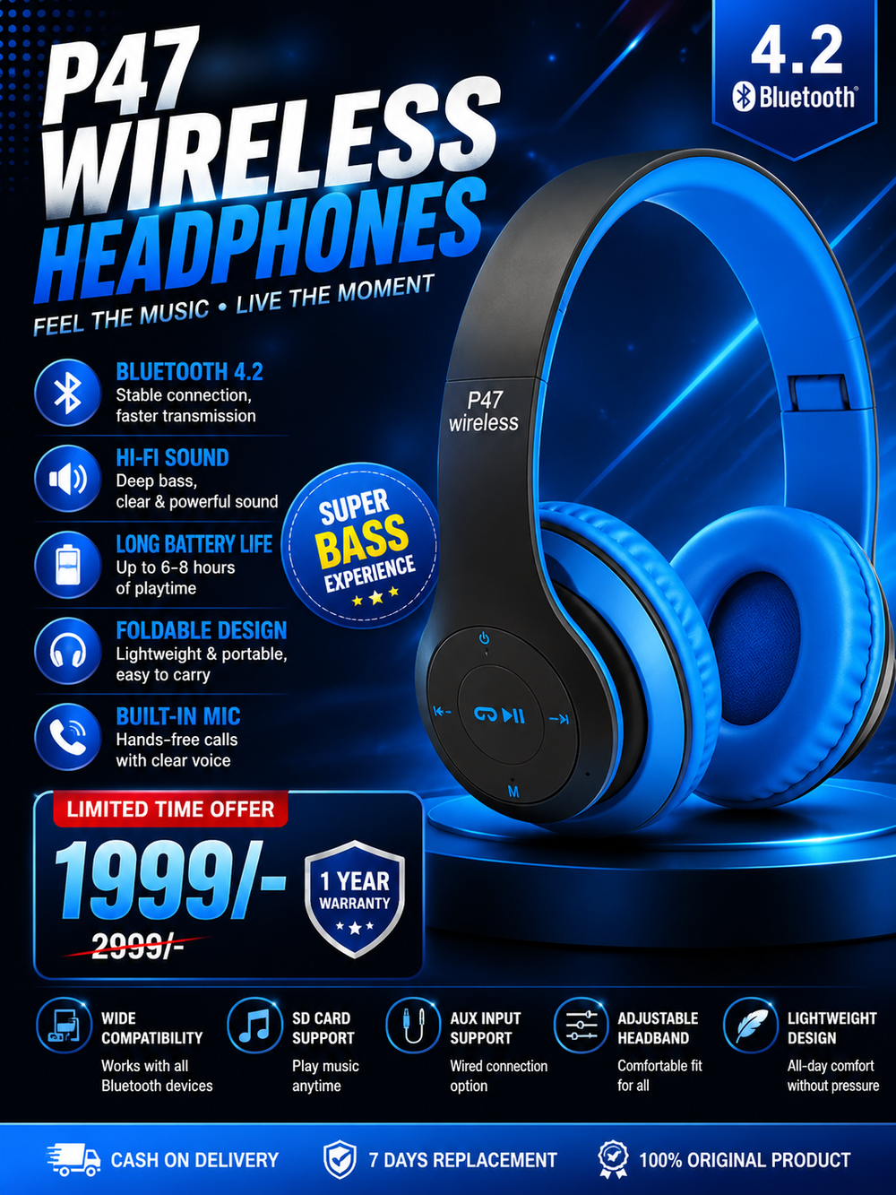 P47 Wireless Headphones | Bluetooth Foldable Headset | Stereo Sound | FM Radio & TF Card Support