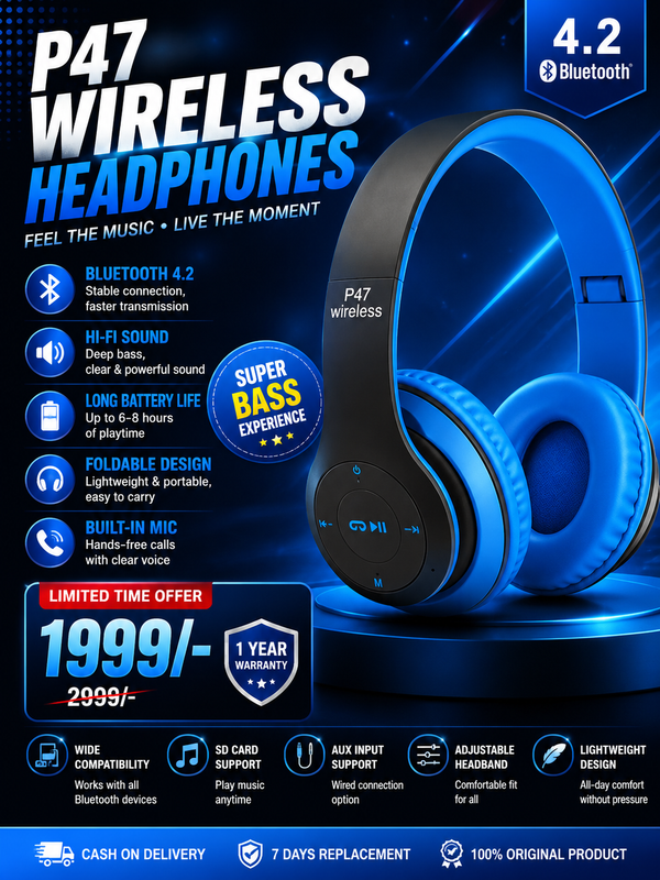 P47 Wireless Headphones | Bluetooth Foldable Headset | Stereo Sound | FM Radio & TF Card Support