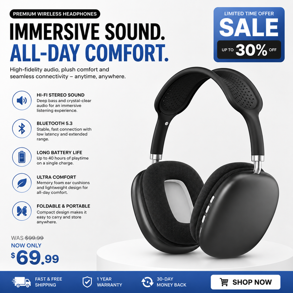 P9 Wireless Bluetooth Headphones | Deep Bass Sound | Comfortable Fit & Long Battery