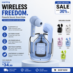 Air31 Wireless Earbuds | Crystal Transparent Design | Bluetooth 5.3 | LED Display & Heavy Bass