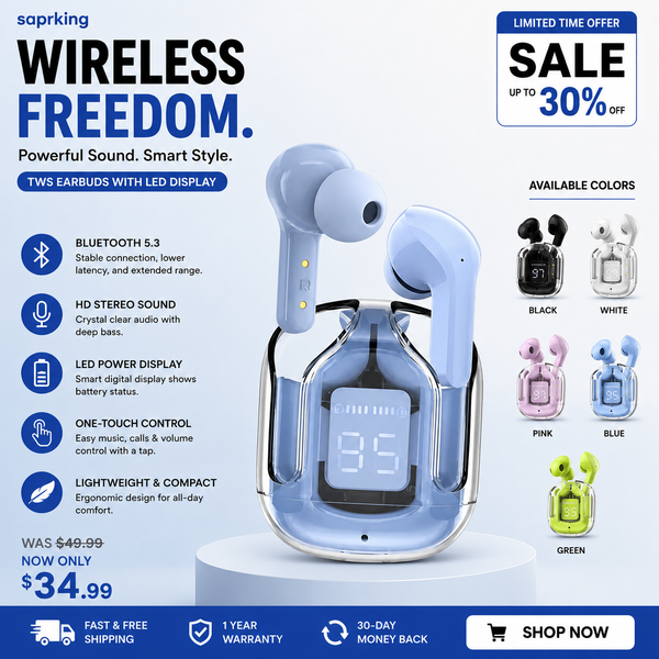 Air31 Wireless Earbuds | Crystal Transparent Design | Bluetooth 5.3 | LED Display & Heavy Bass