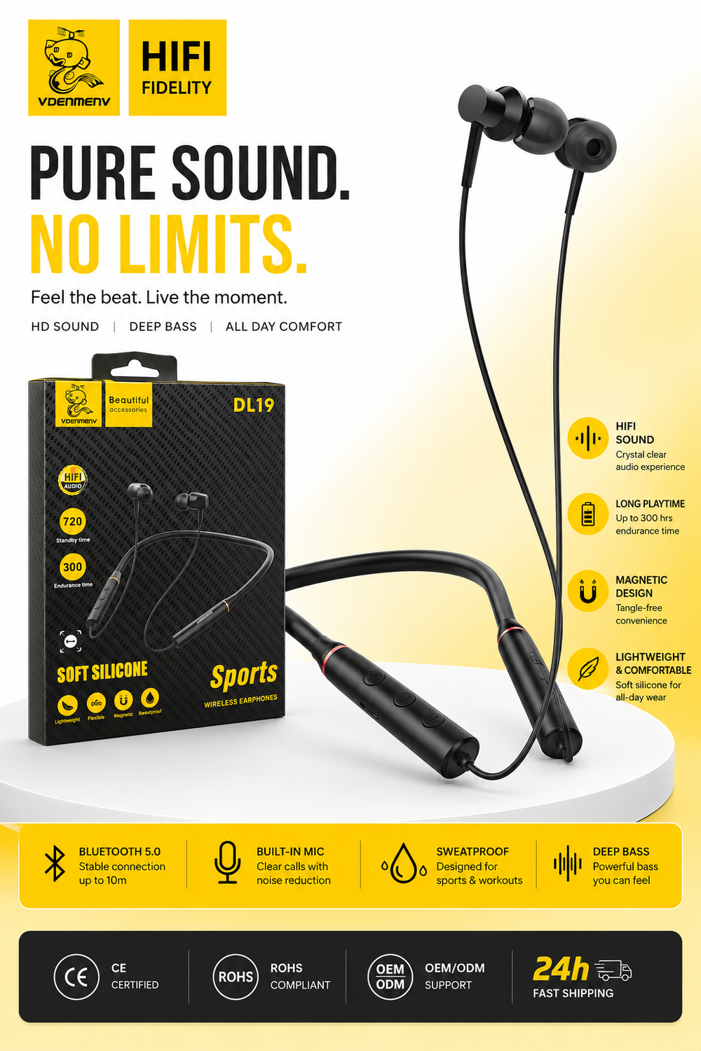 DL19 Sports Wireless Neckband Earphones | Bluetooth 5.2 | HD Sound | Long Battery