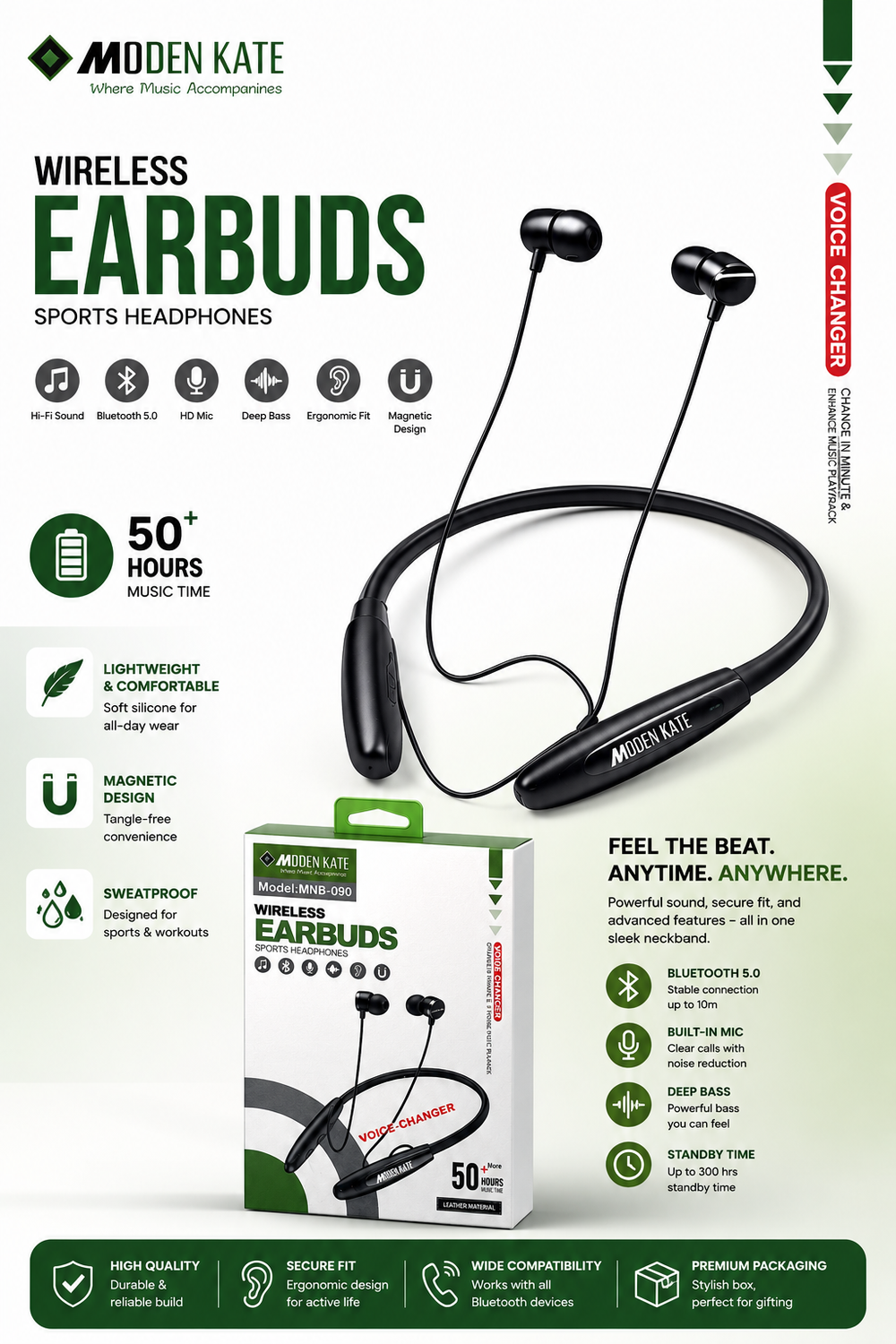 Modern K8 Neckband Wireless Earphones | Bluetooth 5.2 | Deep Bass | Long Battery