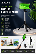 Selfie Stick with Tripod Stand | Bluetooth Remote | Adjustable & Foldable Design