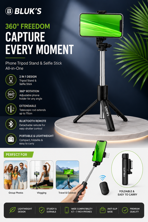 Selfie Stick with Tripod Stand | Bluetooth Remote | Adjustable & Foldable Design