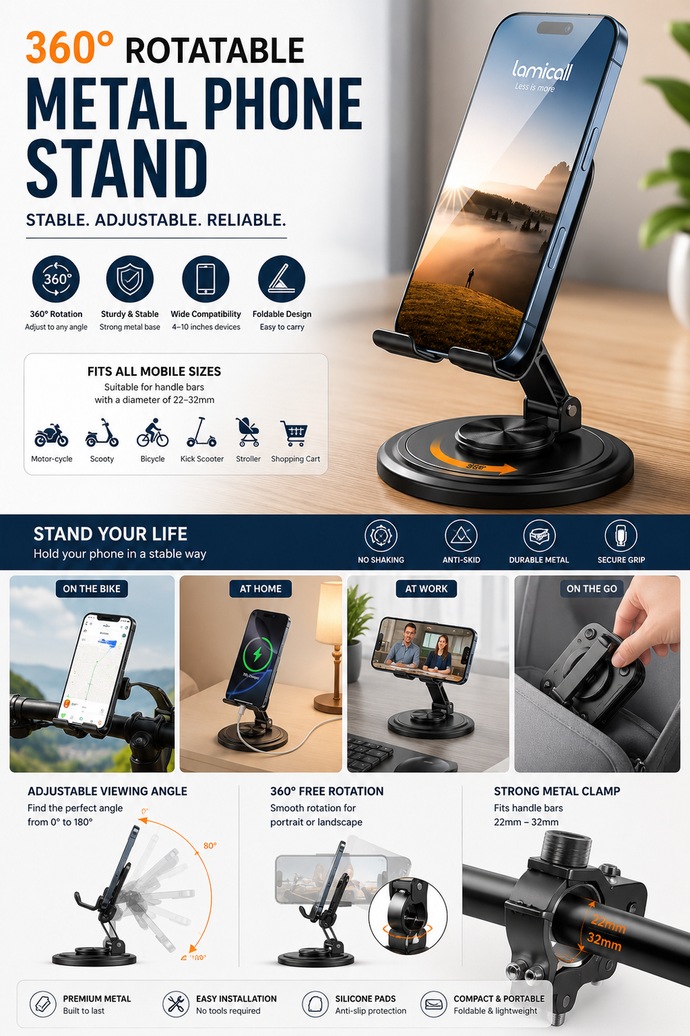 Adjustable Table Stand for Mobile & Tablet | Foldable Desk Phone Holder | Anti-Slip Base