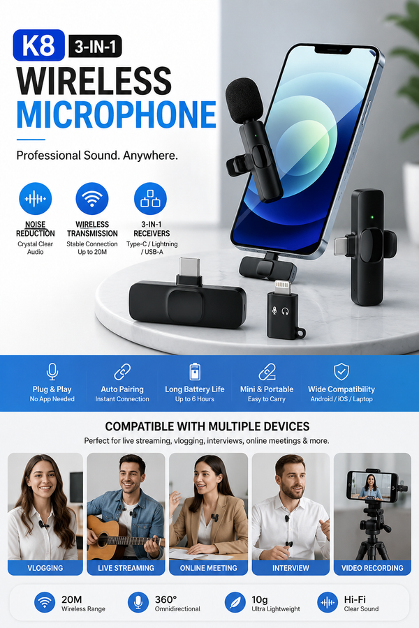 K8 Wireless Microphone | K8 Mic for Mobile | Type-C / iPhone Compatible | Noise Reduction