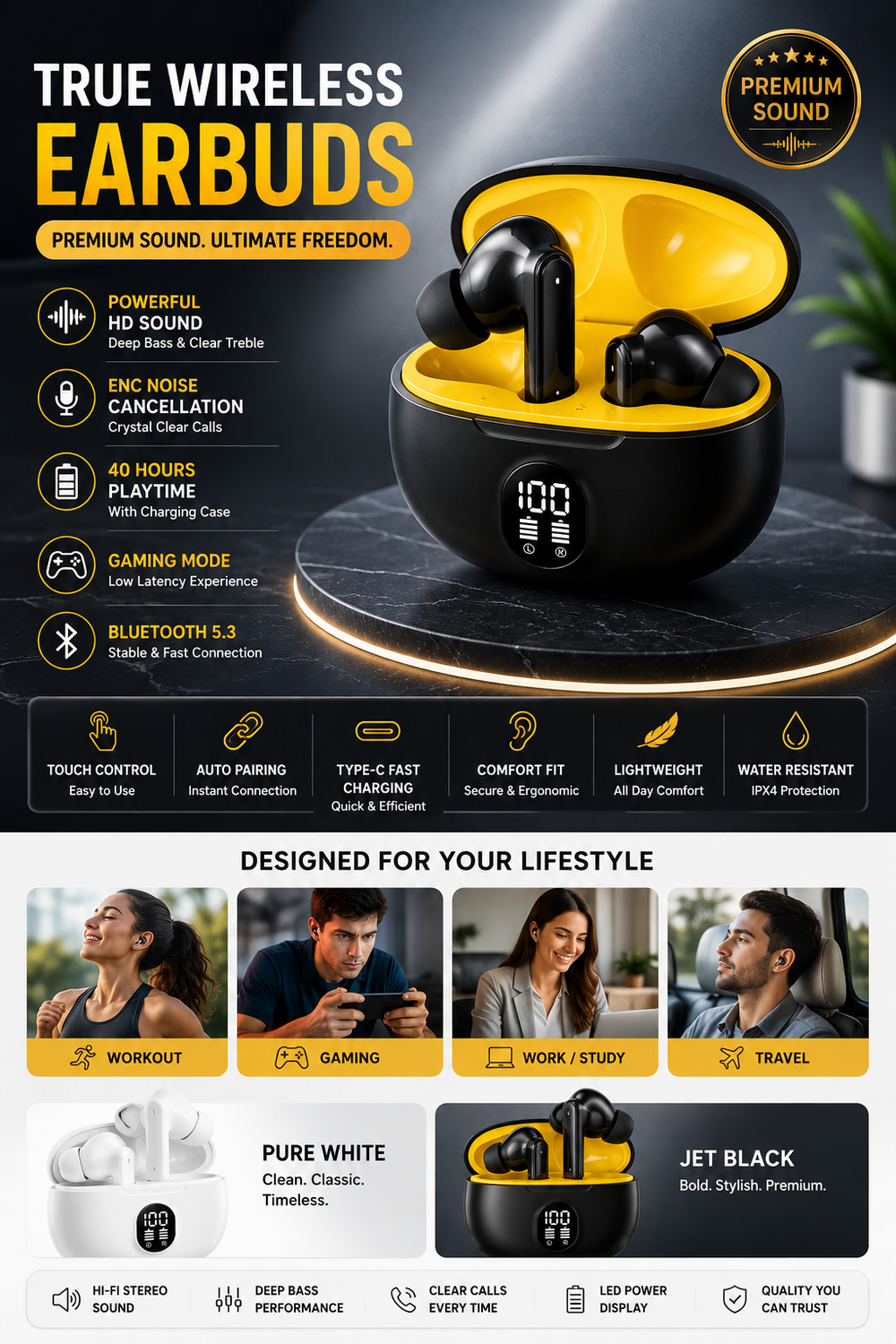 Stereo Wireless Earbuds Bluetooth 5.2 | HD Stereo Sound | Touch Control | Long Battery