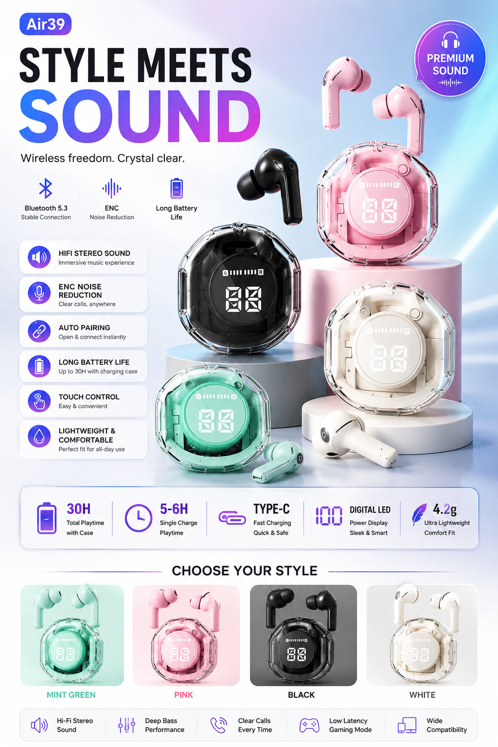 Air 39 Wireless Earbuds Bluetooth 5.1 | HD Sound | Touch Control | Compact Design