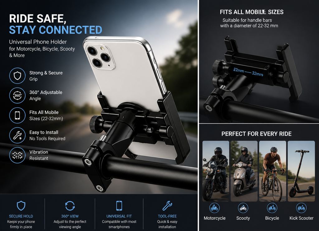 Bike Mobile Holder Stand | 360° Rotation | Anti-Slip Grip | Universal Motorcycle Mount