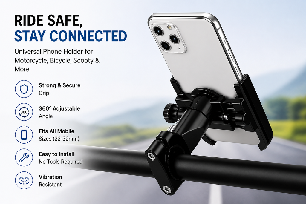 Bike Mobile Holder Stand | 360° Rotation | Anti-Slip Grip | Universal Motorcycle Mount