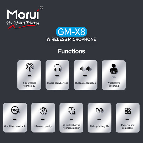 Morui GM-X8i Dual Wireless Microphone with ANC | 2.4GHz Lavalier Mic for Vlogging & Live Streaming