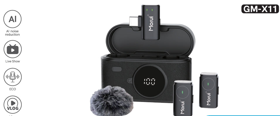 Morui GM-X11 AI Dual Wireless Microphone | AI Noise Reduction Lavalier Mic for Vlogging & Live Streaming