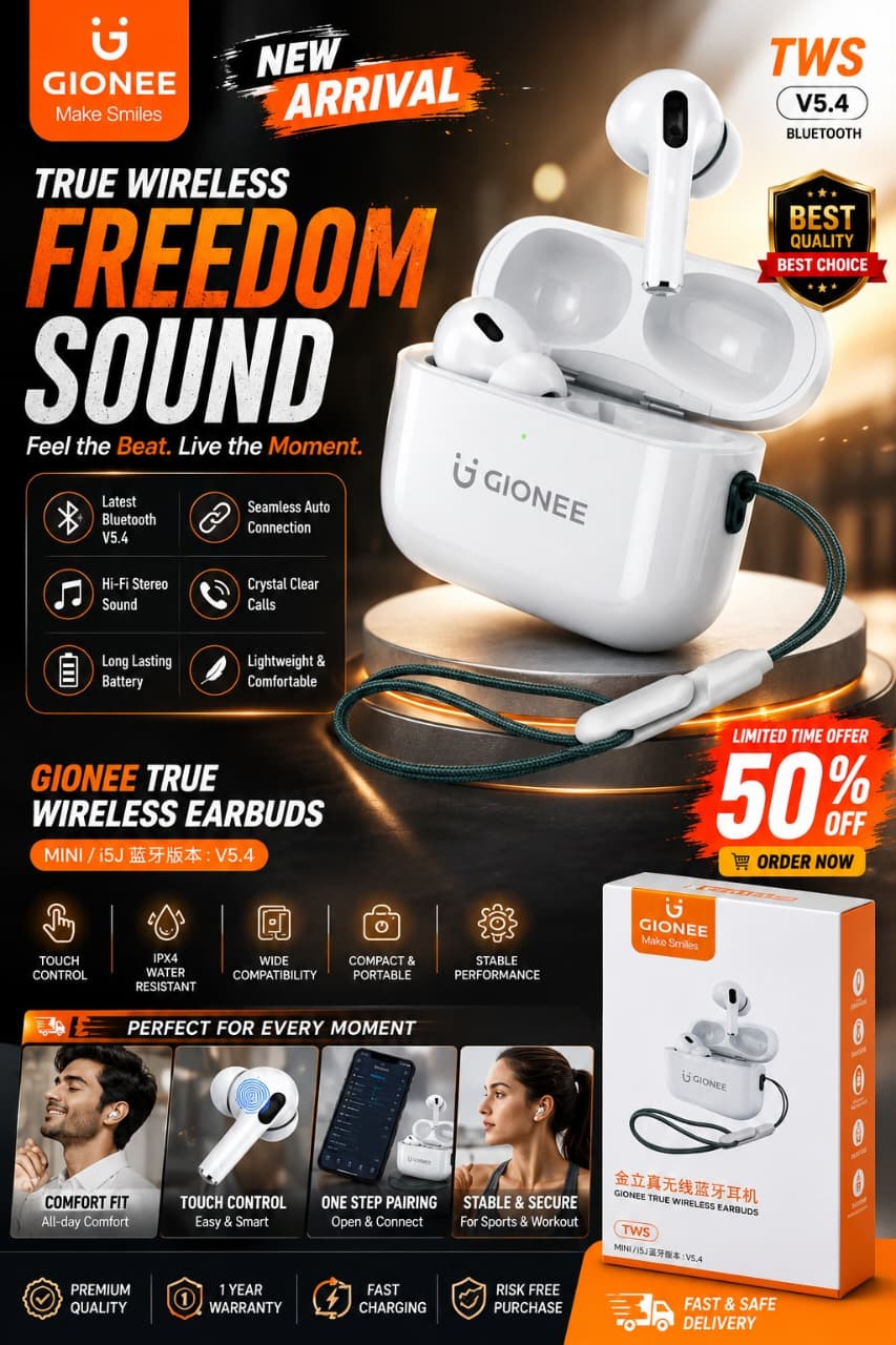 Gionee True Wireless Earbuds V5.4 Bluetooth Earbuds with Silicone Case & Lanyard | Premium TWS Wireless Earphones