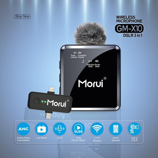 Morui GM-X10 DSLR Wireless Microphone with ANC | 2.4GHz Lavalier Mic for Vlogging & Live Streaming