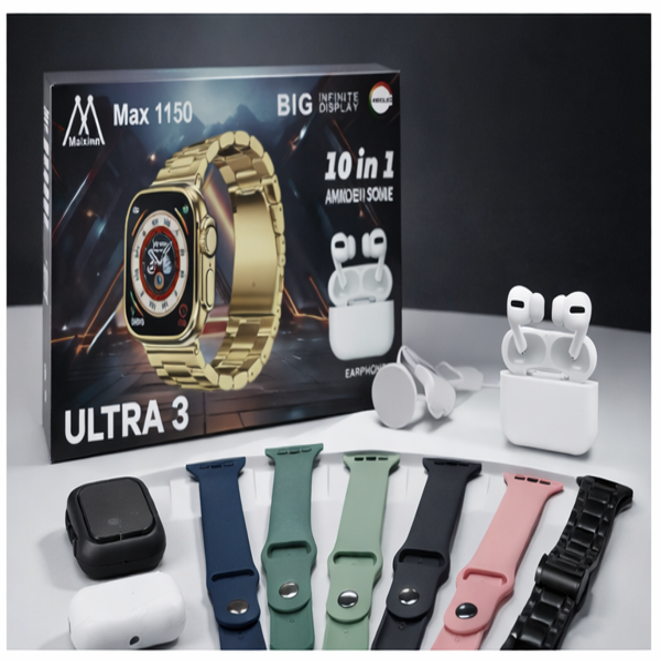 Ultra 3 Smart Watch 10-in-1 Combo with Wireless Earbuds, Multiple Straps & AMOLED Display – Max 1150 Series